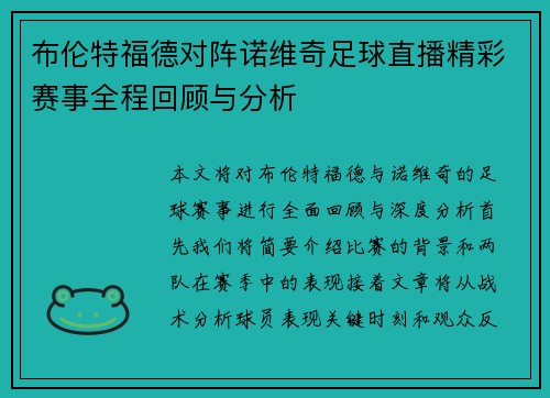 布伦特福德对阵诺维奇足球直播精彩赛事全程回顾与分析